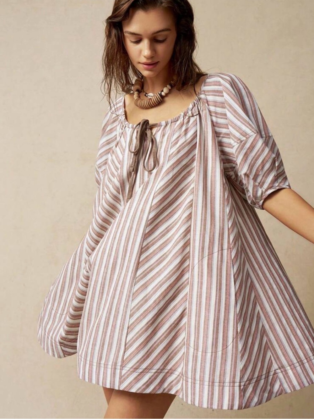 Bohemla Striped Babydoll Mini Dress Boho Peasant Swing Neutral Dress 
Size M
